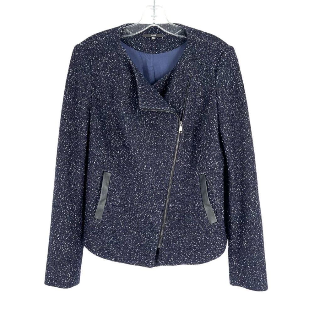 Hugo Boss Blazer Womens Size 8 Navy Wool Blend Boucle Tweed Zip Front Jacket